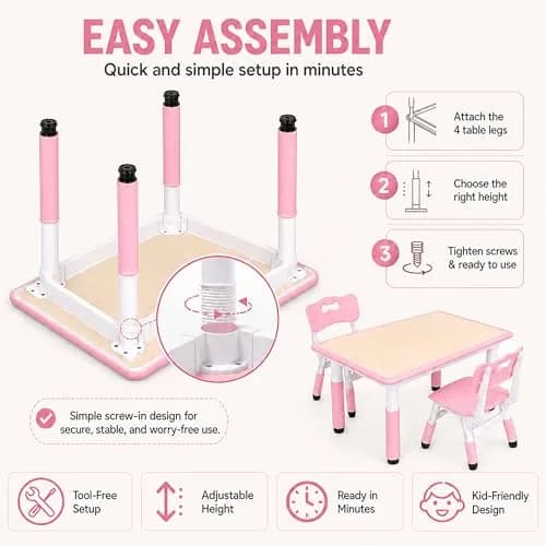 UNICOO Kids Table and Chairs Set, Height Adjustable, Plastic Study Desk for Ages 2-10 | Durable & Easy to Clean thumbnail 7