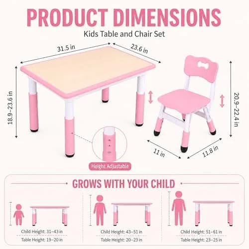 UNICOO Kids Table and Chairs Set, Height Adjustable, Plastic Study Desk for Ages 2-10 | Durable & Easy to Clean thumbnail 2
