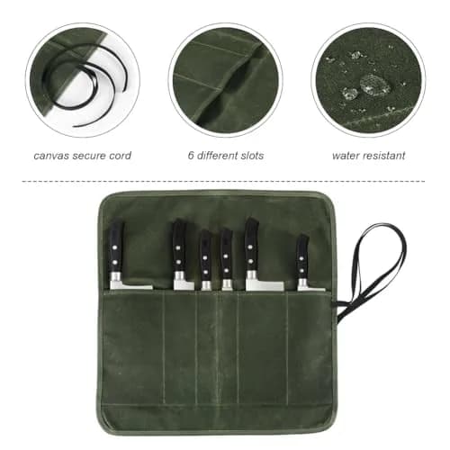 JOINDO Waxed Canvas Chef Knife Roll Bag with 6 Slots (Green) | Heavy Duty Kitchen Knife Pouch Holder thumbnail 4