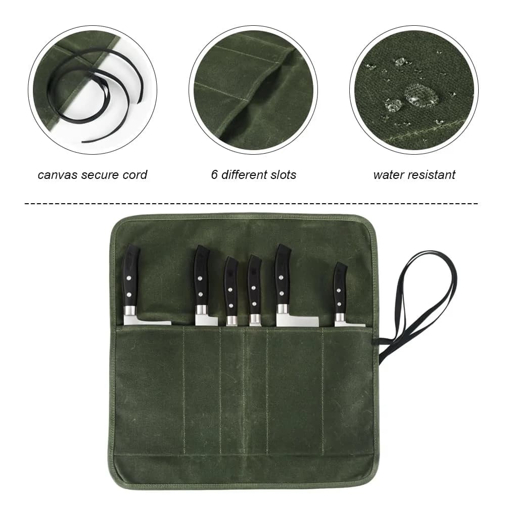 JOINDO Waxed Canvas Chef Knife Roll Bag with 6 Slots (Green) | Heavy Duty Kitchen Knife Pouch Holder - view 4