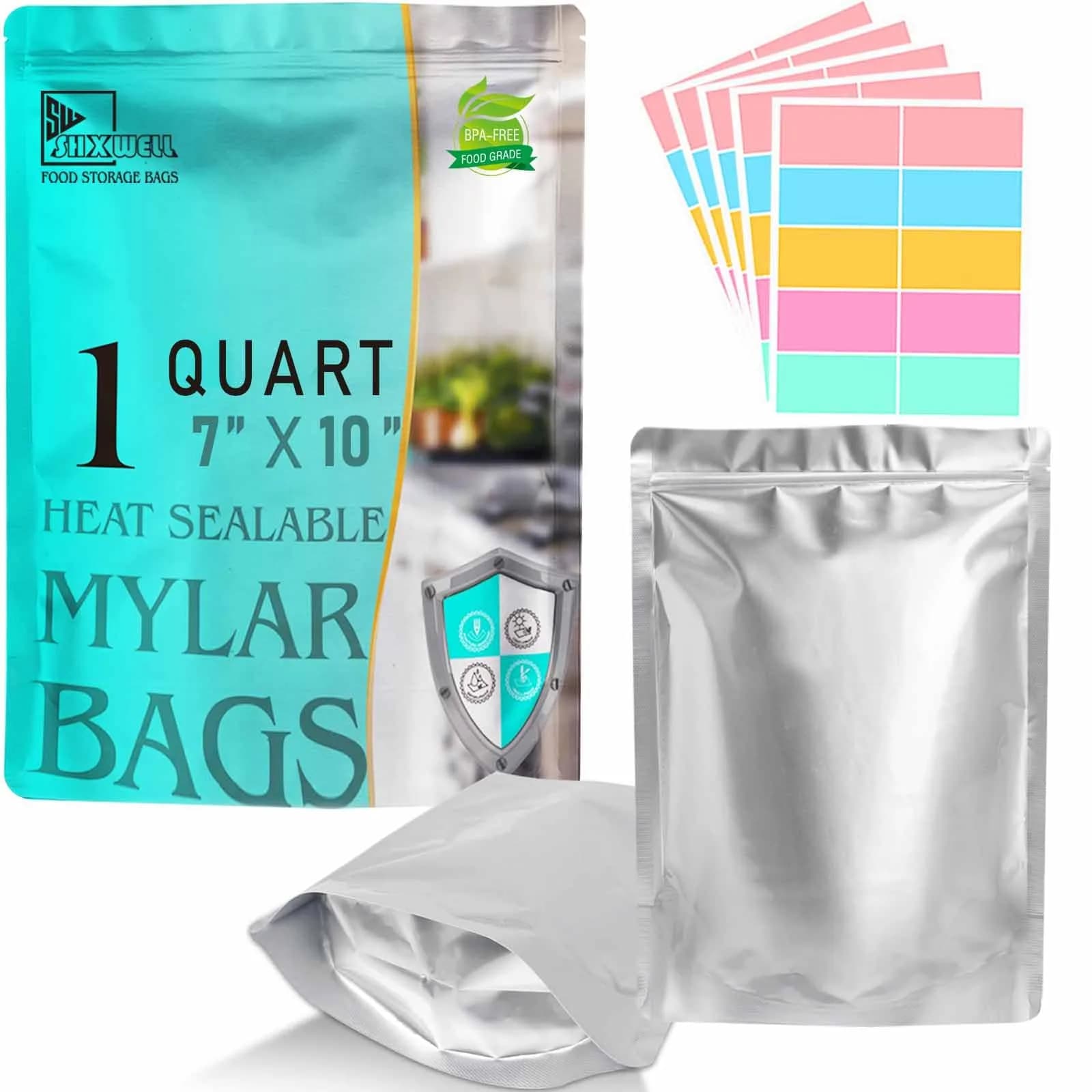 SHXWELL 50pcs 1 Quart Mylar Bags 7"x10" (17.78cm x 25.4cm) | Extra Thick 10 Mil Food Storage Pouches with Zipper - main product image