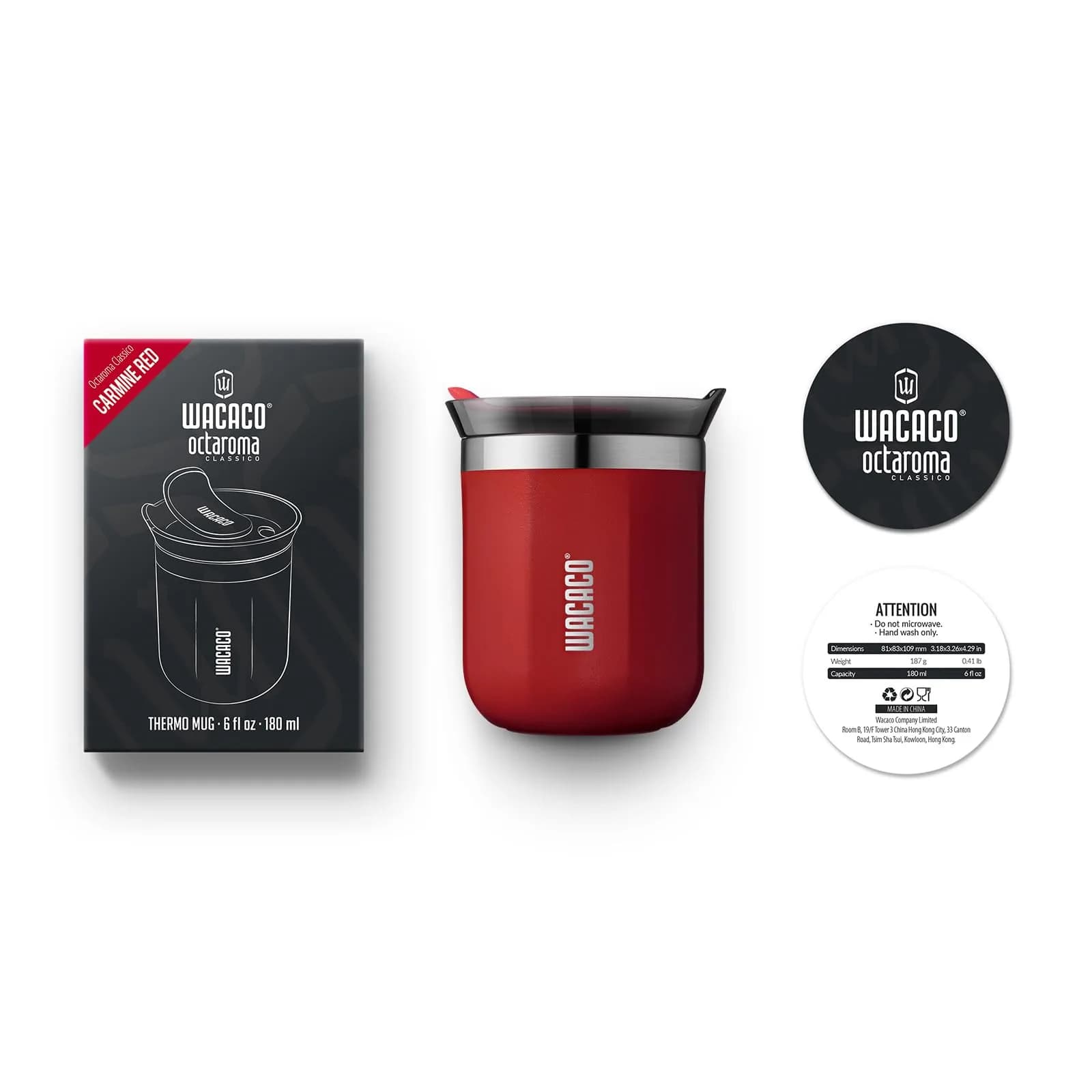 WACACO Octaroma Classico Vacuum Insulated Coffee Mug 180ml (6 fl oz) | Carmine Red Travel Tumbler - view 6
