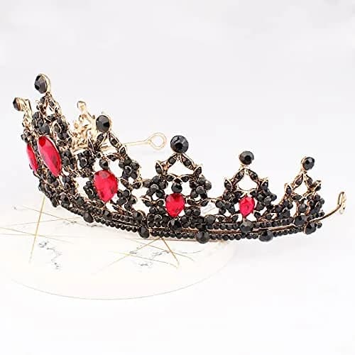 CAVETEE Black Crown for Women Halloween Party Favors 15cm | Luxurious Red Rhinestones Tiara thumbnail 4