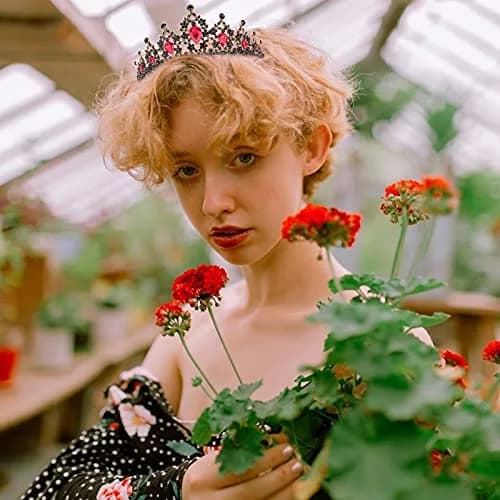 CAVETEE Black Crown for Women Halloween Party Favors 15cm | Luxurious Red Rhinestones Tiara thumbnail 3