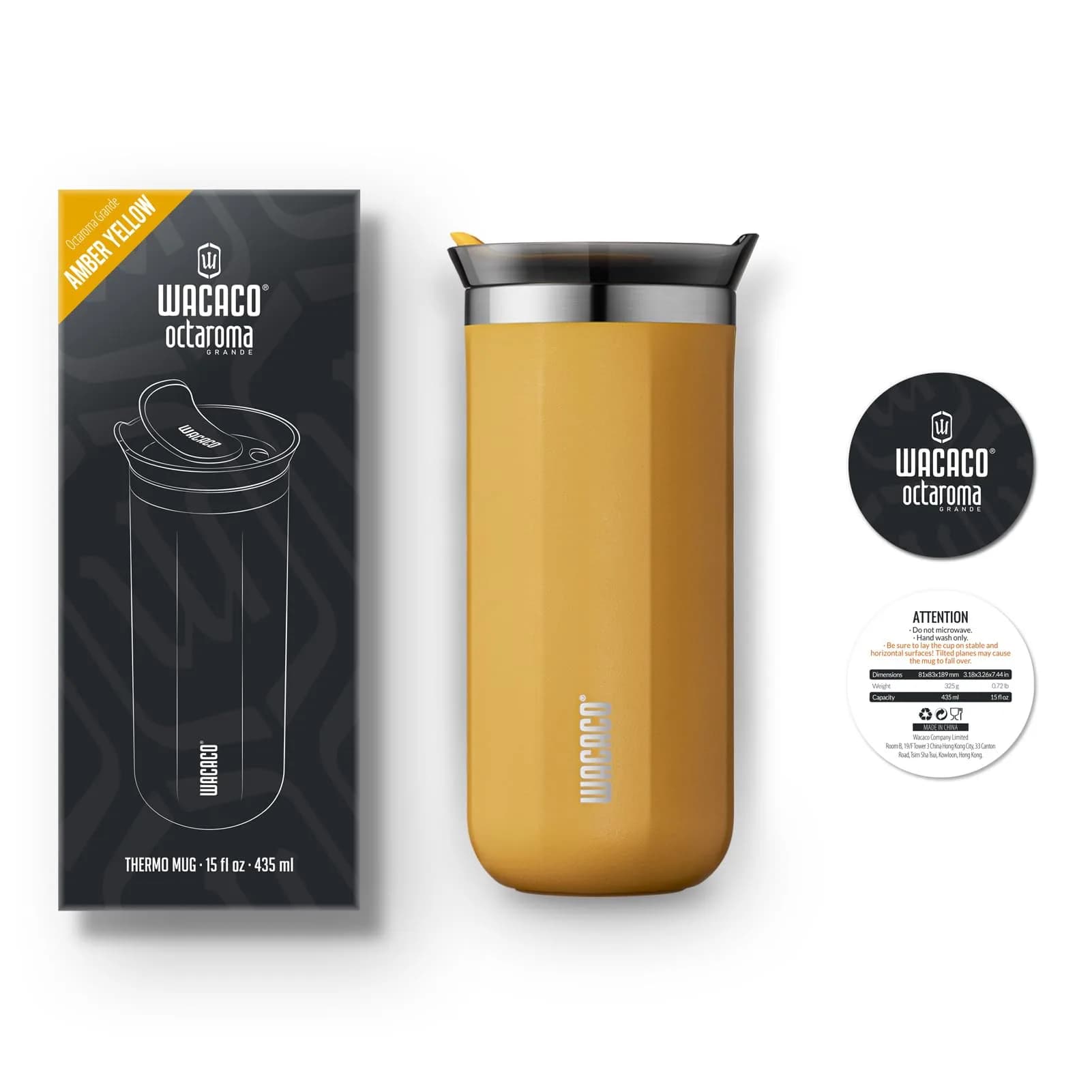 WACACO Octaroma Grande Vacuum Insulated Coffee Mug 435ml (15 fl oz) | Amber Yellow Travel Tumbler with Leak-Proof Lid - view 7