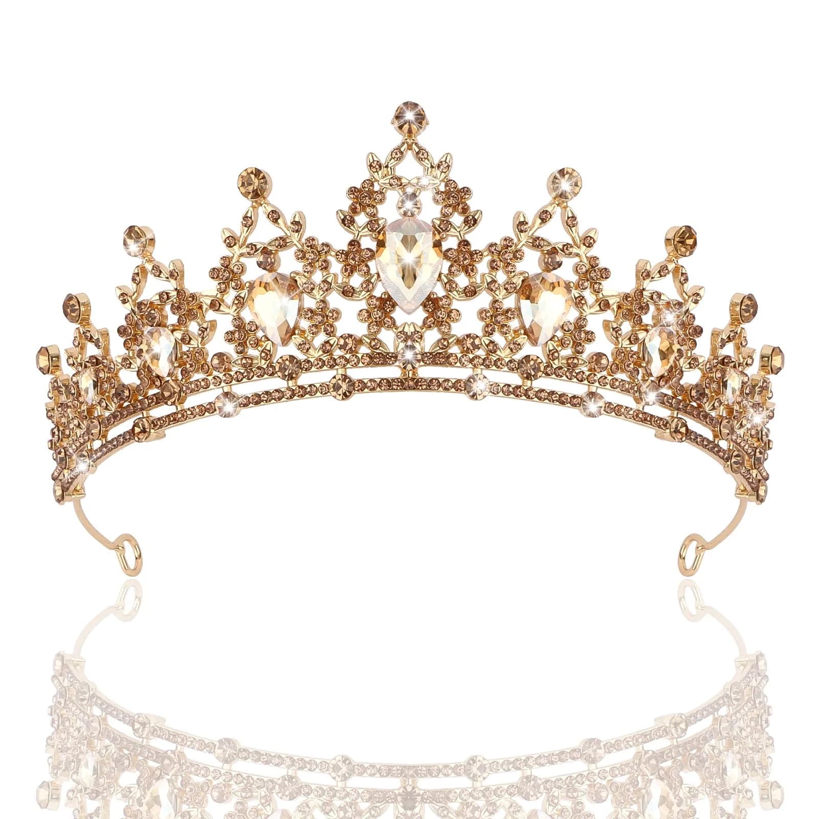 CAVETEE Gothic Crown Headpiece - Black Baroque Tiara with Vintage Rhinestones - Halloween & Bridal Occasions — Champagne