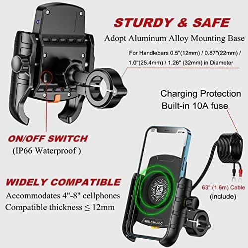 BRCOVAN Motorcycle Phone Mount Holder with Wireless & USB-C Charger 310g (0.68lb) | IP66 Waterproof, 15W Wireless & 20W PD Charging thumbnail 4