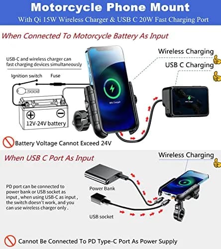 BRCOVAN Motorcycle Phone Mount Holder with Wireless & USB-C Charger 310g (0.68lb) | IP66 Waterproof, 15W Wireless & 20W PD Charging thumbnail 2