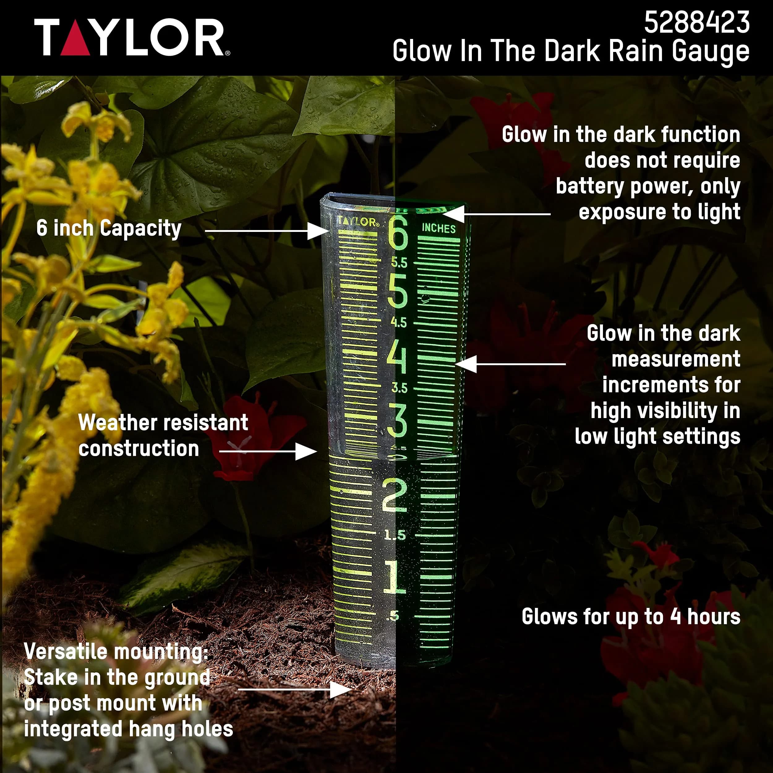 Taylor Glow-In-The-Dark Mountable Rain Gauge, 15.6 cm (6 inch) Capacity | Measure Precipitation Accurately - view 4