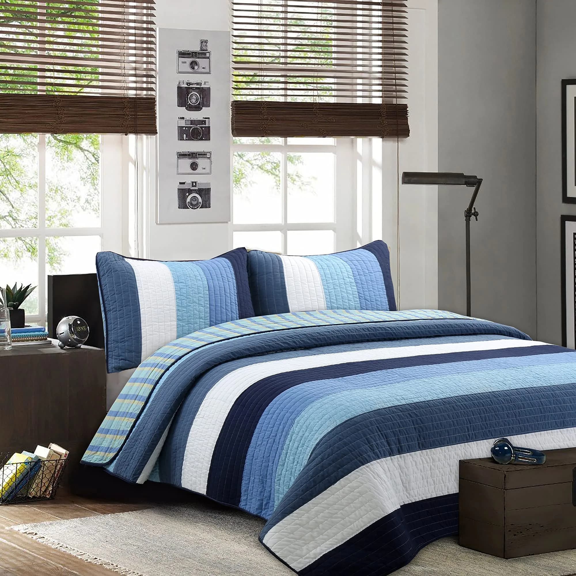 Cozy Line Home Fashions Navy Blue Striped Boy 100% Cotton Reversible Quilt Bedding Set, Preston, Queen