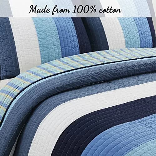 Cozy Line Home Fashions Navy Blue Striped Boy 100% Cotton Reversible Quilt Bedding Set, Preston, Queen thumbnail 5