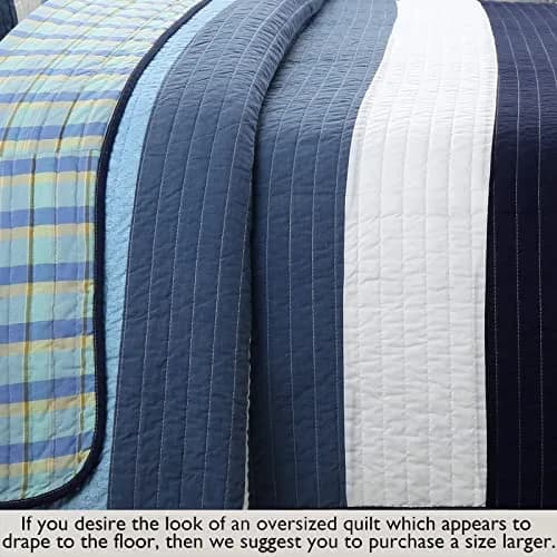 Cozy Line Home Fashions Navy Blue Striped Boy 100% Cotton Reversible Quilt Bedding Set, Preston, Queen thumbnail 6