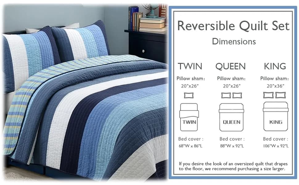 Cozy Line Home Fashions Navy Blue Striped Boy 100% Cotton Reversible Quilt Bedding Set, Preston, Queen thumbnail 7
