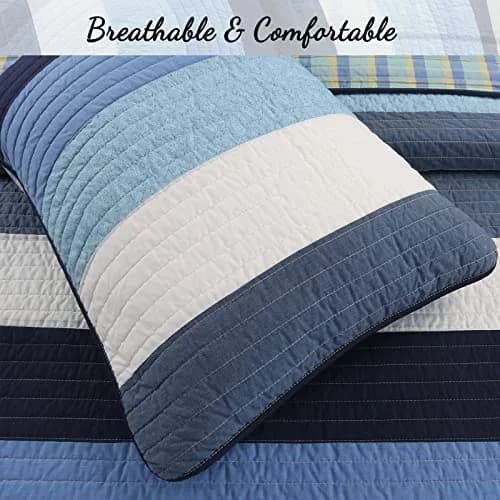 Cozy Line Home Fashions Navy Blue Striped Boy 100% Cotton Reversible Quilt Bedding Set, Preston, Queen thumbnail 2