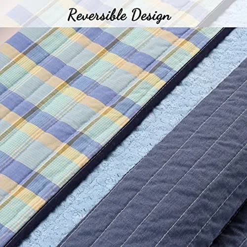 Cozy Line Home Fashions Navy Blue Striped Boy 100% Cotton Reversible Quilt Bedding Set, Preston, Queen thumbnail 3