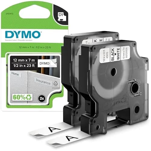 DYMO D1 Label Tape 12mm (1/2 Inch) x 7m (23 Feet) Black on White | 2-Pack for LabelManager & LabelWriter Duo thumbnail 1