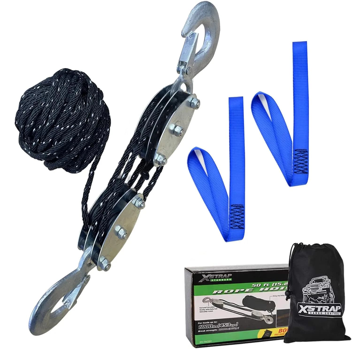 XSTRAP STANDARD Heavy-Duty 50 FT Reflective Rope Hoist Pulley System with 1000lb Capacity | 15.2m (50 ft) Black