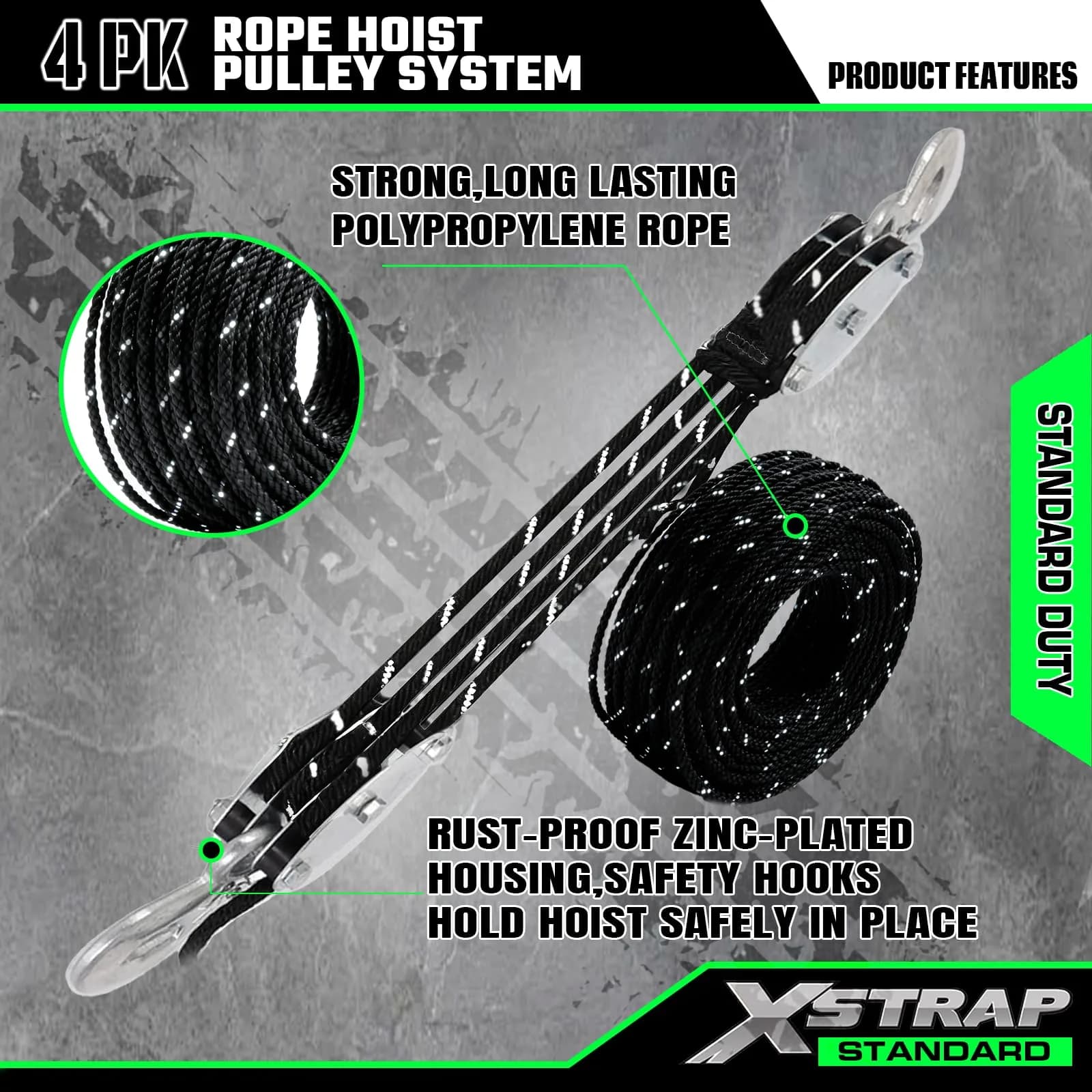 XSTRAP STANDARD Heavy-Duty 50 FT Reflective Rope Hoist Pulley System with 1000lb Capacity | 15.2m (50 ft) Black - view 5