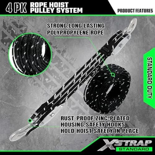 XSTRAP STANDARD Heavy-Duty 50 FT Reflective Rope Hoist Pulley System with 1000lb Capacity | 15.2m (50 ft) Black thumbnail 5
