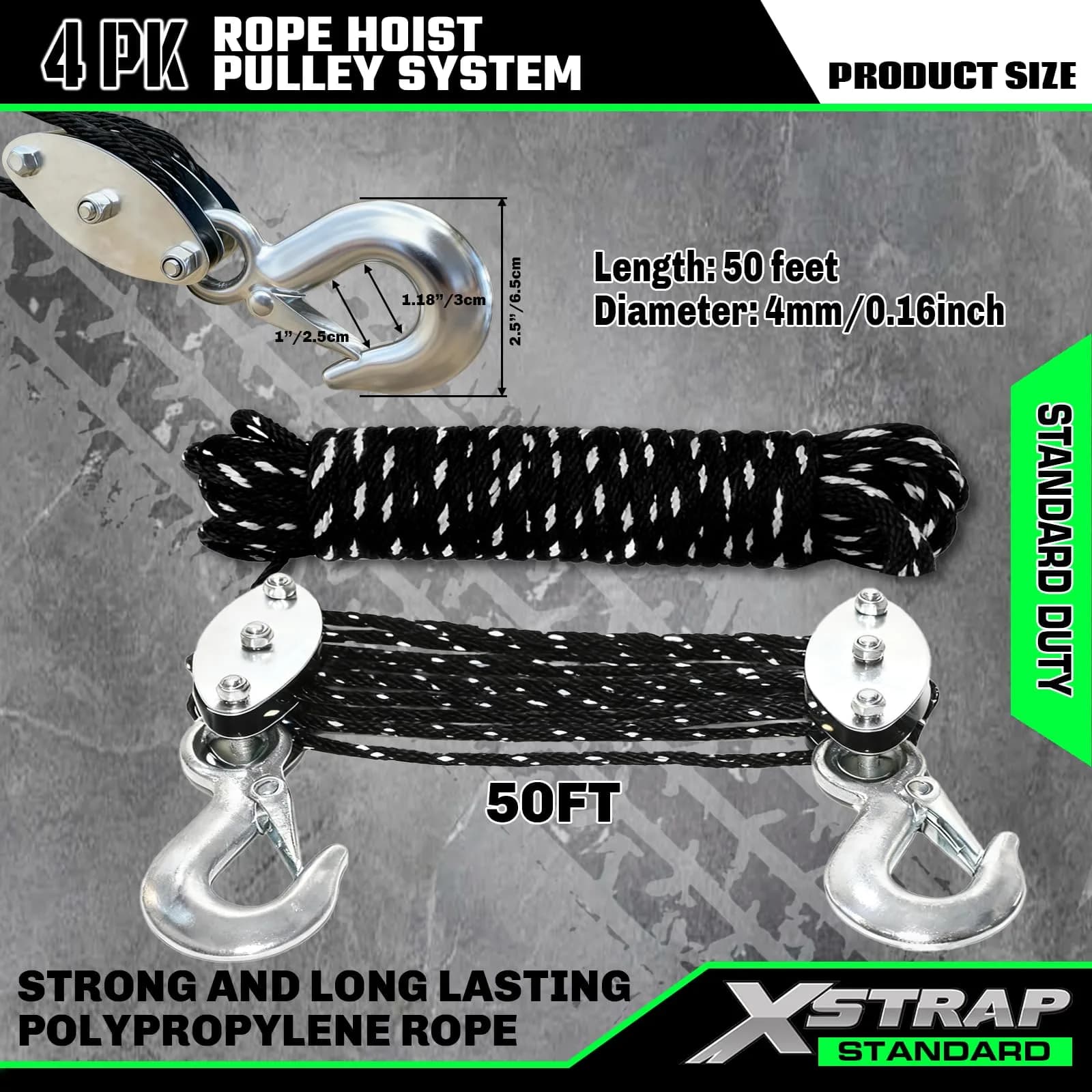 XSTRAP STANDARD Heavy-Duty 50 FT Reflective Rope Hoist Pulley System with 1000lb Capacity | 15.2m (50 ft) Black - view 6