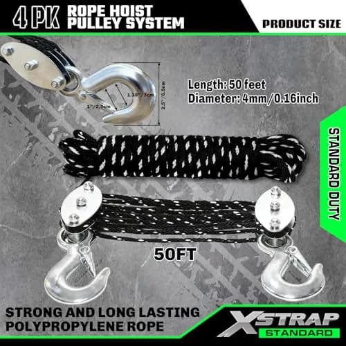 XSTRAP STANDARD Heavy-Duty 50 FT Reflective Rope Hoist Pulley System with 1000lb Capacity | 15.2m (50 ft) Black thumbnail 6
