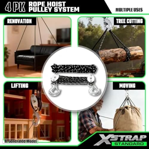 XSTRAP STANDARD Heavy-Duty 50 FT Reflective Rope Hoist Pulley System with 1000lb Capacity | 15.2m (50 ft) Black thumbnail 2