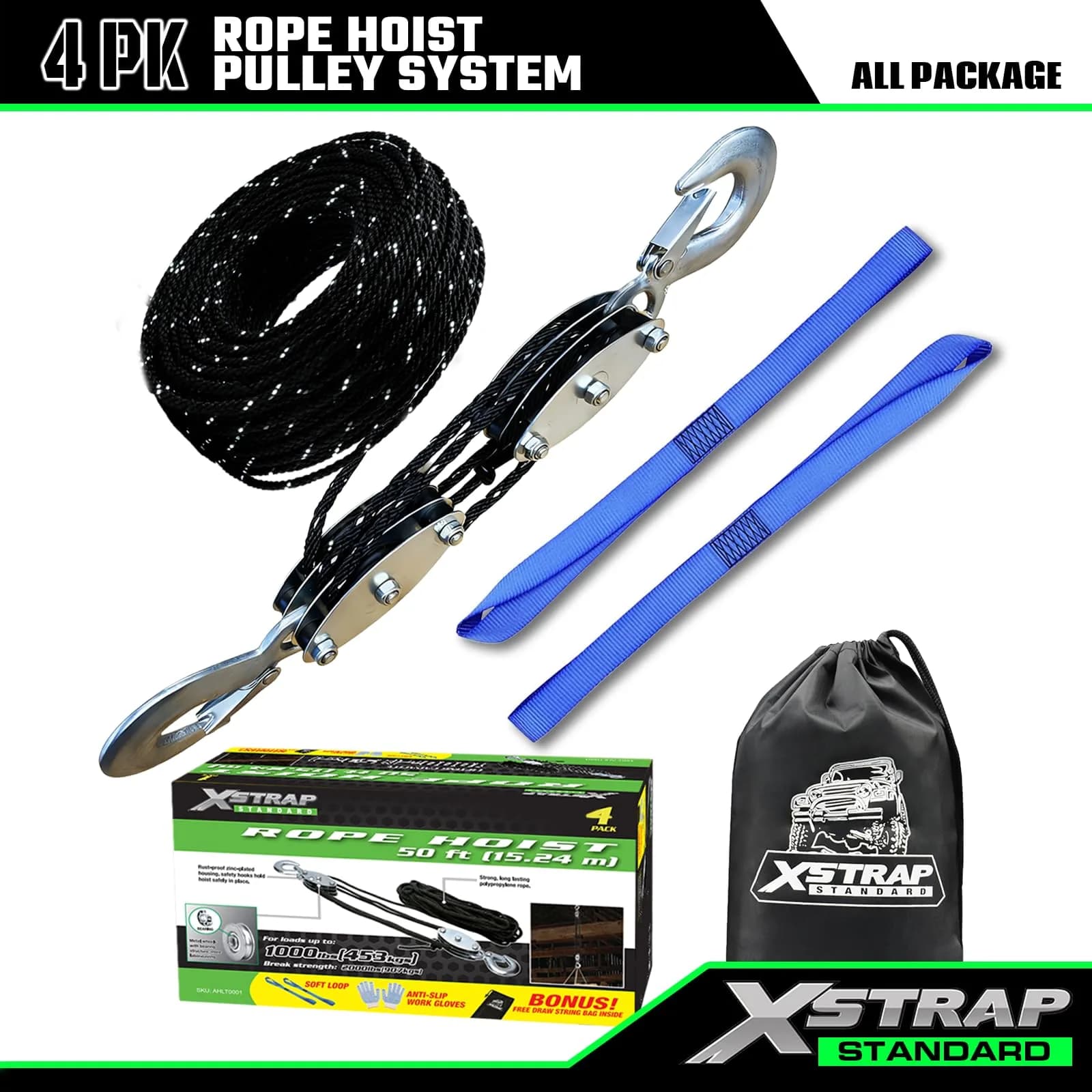 XSTRAP STANDARD Heavy-Duty 50 FT Reflective Rope Hoist Pulley System with 1000lb Capacity | 15.2m (50 ft) Black - view 4
