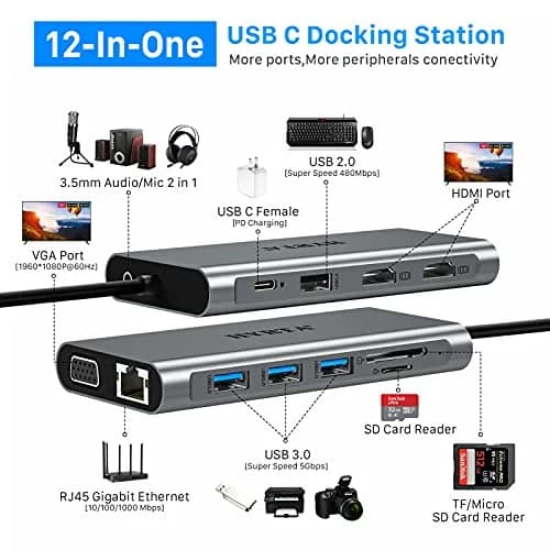 HYRTA 12-in-1 USB C Docking Station Dual Monitor 22.8 cm (8.98 in) | Triple Display Expansion for Laptops thumbnail 2