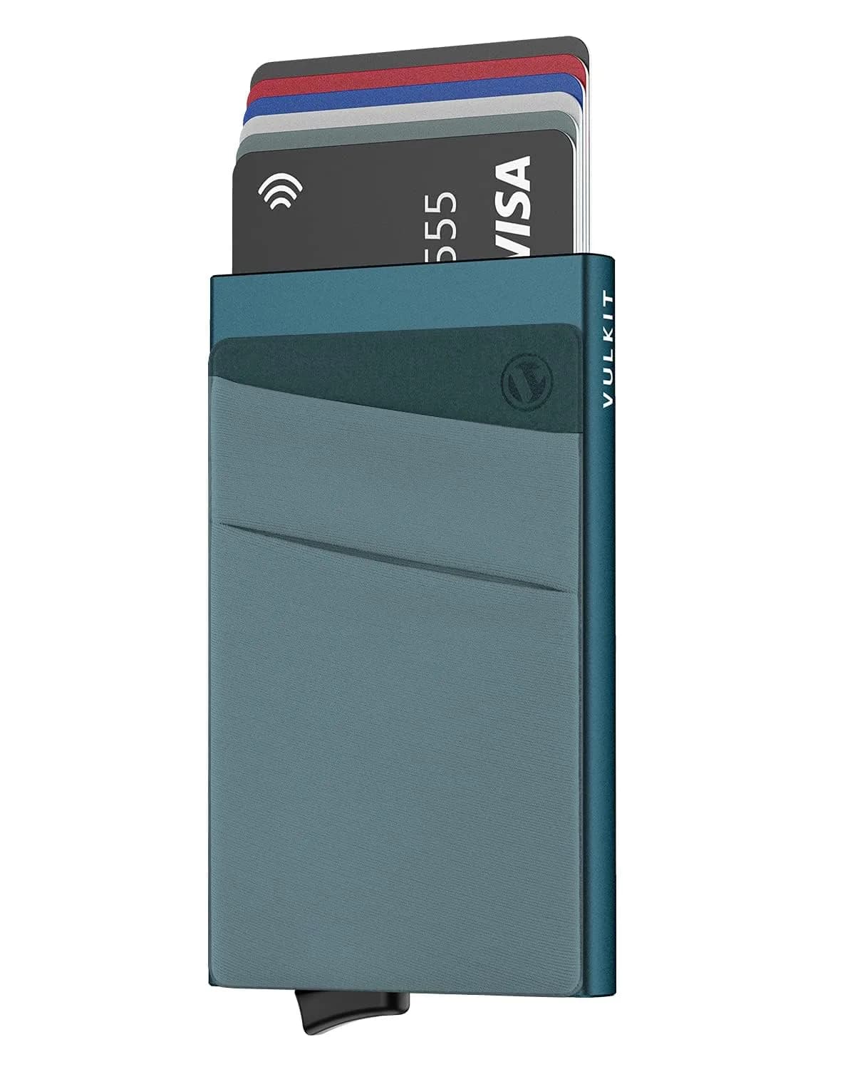 VULKIT Emerald Green Pop Up Card Holder Wallet with Money Pocket - RFID Blocking Slim Metal Bank Card Case - main product image
