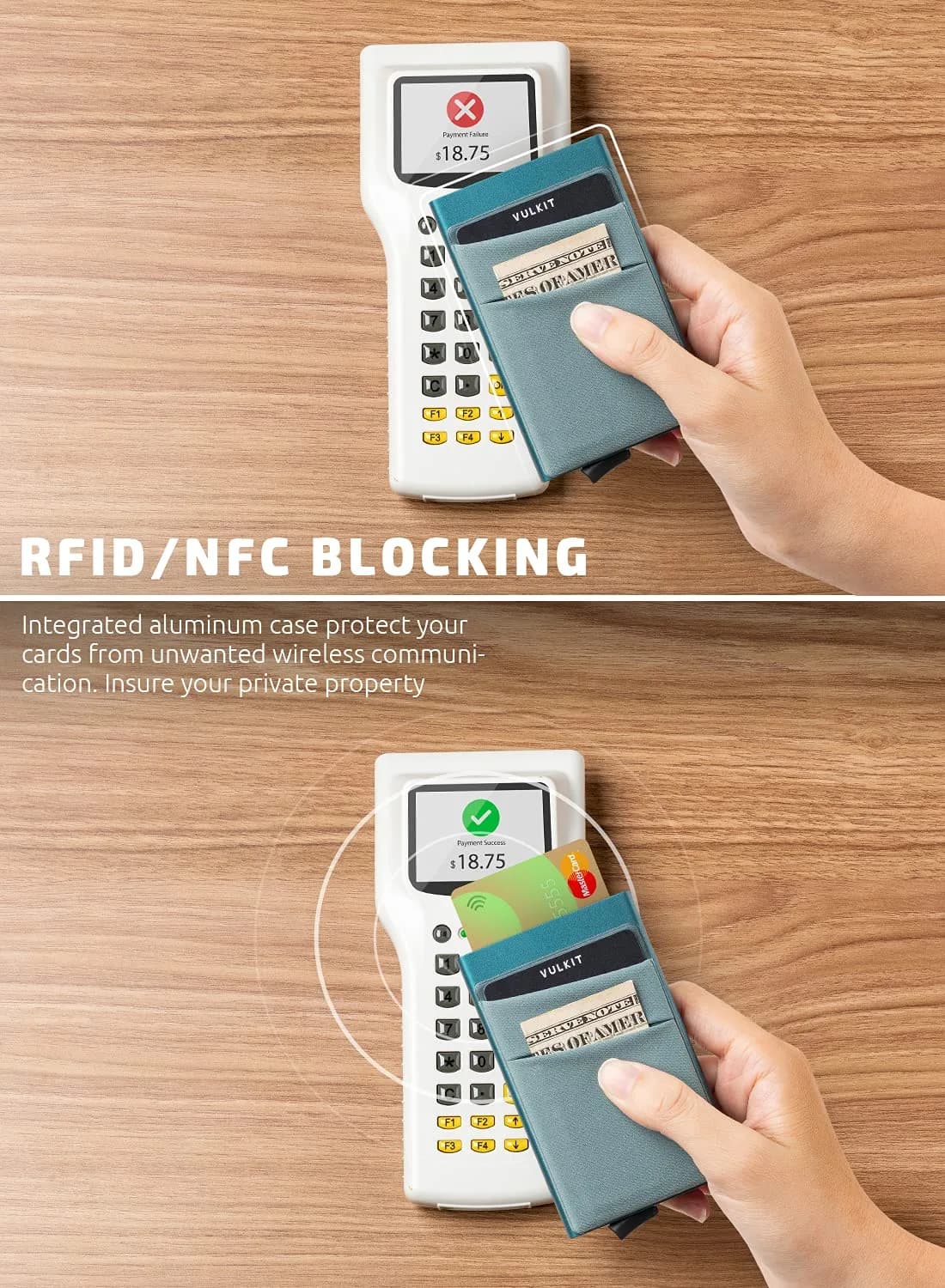 VULKIT Emerald Green Pop Up Card Holder Wallet with Money Pocket - RFID Blocking Slim Metal Bank Card Case - view 3