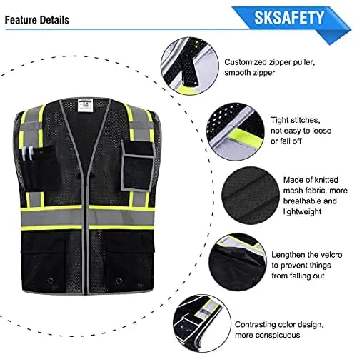 SKSAFETY Black Safety Vest with Zipper and Reflective Strips, Class 2 ANSI/ISEA Standard, 3XL thumbnail 5