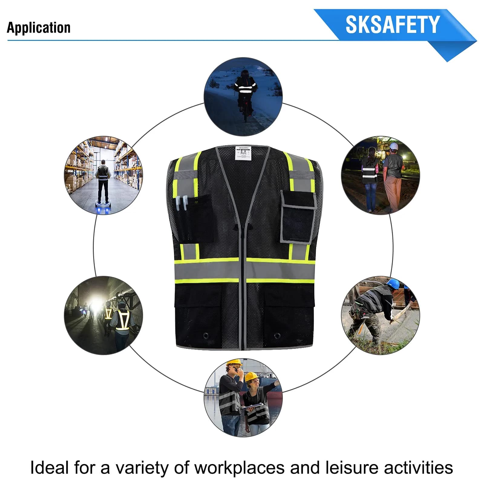 SKSAFETY Black Safety Vest with Zipper and Reflective Strips, Class 2 ANSI/ISEA Standard, 3XL - view 8
