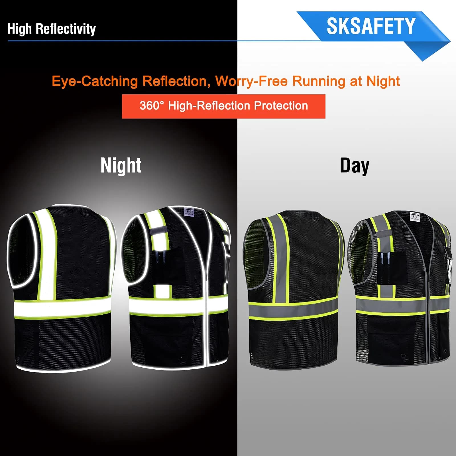SKSAFETY Black Safety Vest with Zipper and Reflective Strips, Class 2 ANSI/ISEA Standard, 3XL - view 2