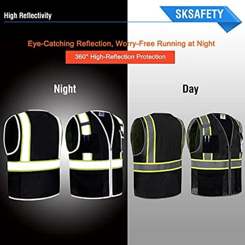 SKSAFETY Black Safety Vest with Zipper and Reflective Strips, Class 2 ANSI/ISEA Standard, 3XL thumbnail 2