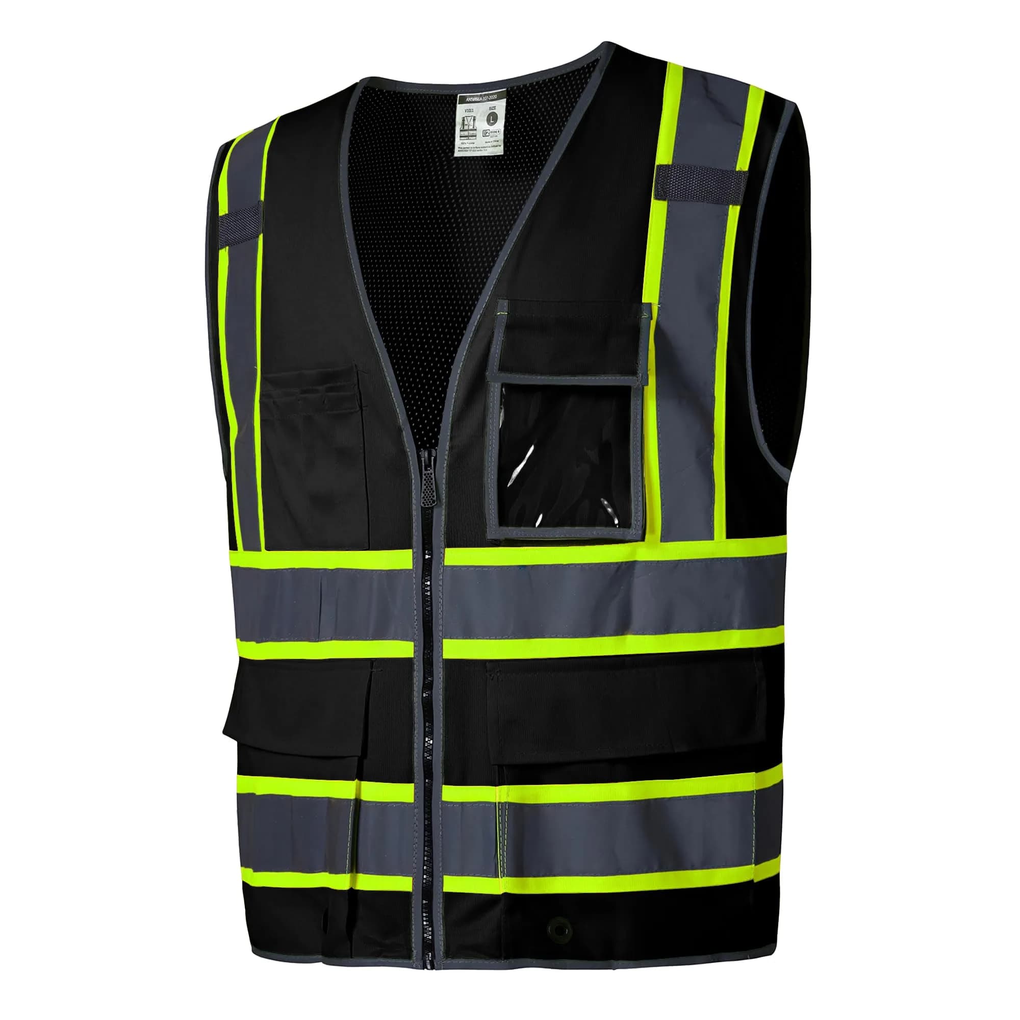 SKSAFETY Class 2 High Visibility Safety Vest with Zipper Back Mesh, 10 Pockets, Reflective Strips, ANSI/ISEA Standard, Construction Work Vest for Men & Women (Black, Medium) - main product image