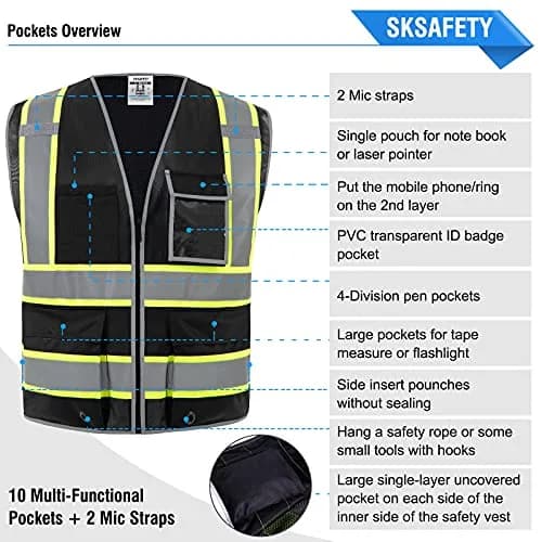 SKSAFETY Class 2 High Visibility Safety Vest with Zipper Back Mesh, 10 Pockets, Reflective Strips, ANSI/ISEA Standard, Construction Work Vest for Men & Women (Black, Medium) thumbnail 5