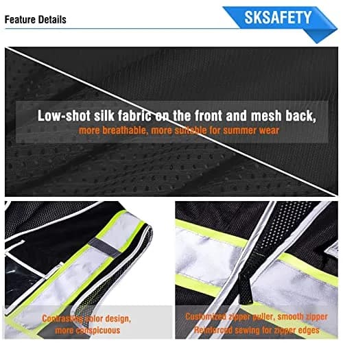 SKSAFETY Class 2 High Visibility Safety Vest with Zipper Back Mesh, 10 Pockets, Reflective Strips, ANSI/ISEA Standard, Construction Work Vest for Men & Women (Black, Medium) thumbnail 6