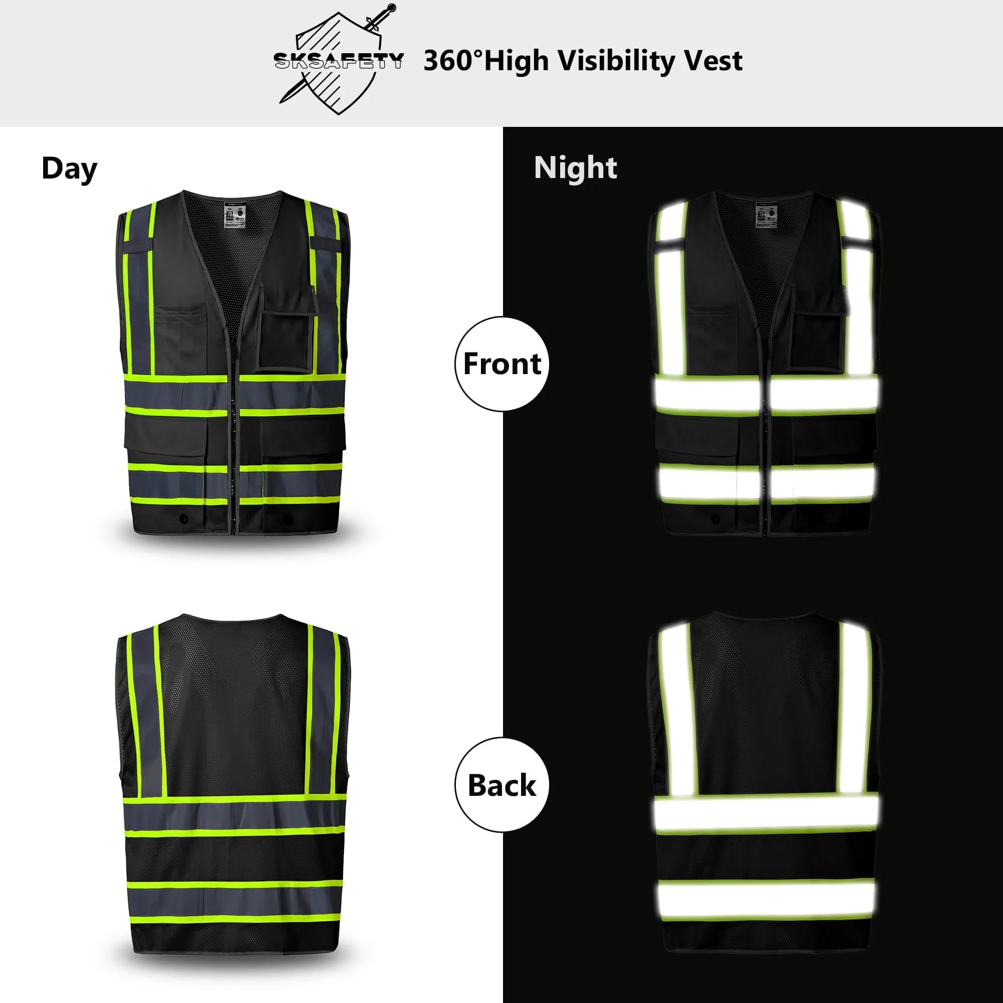 SKSAFETY Class 2 High Visibility Safety Vest with Zipper Back Mesh, 10 Pockets, Reflective Strips, ANSI/ISEA Standard, Construction Work Vest for Men & Women (Black, Medium) - view 2
