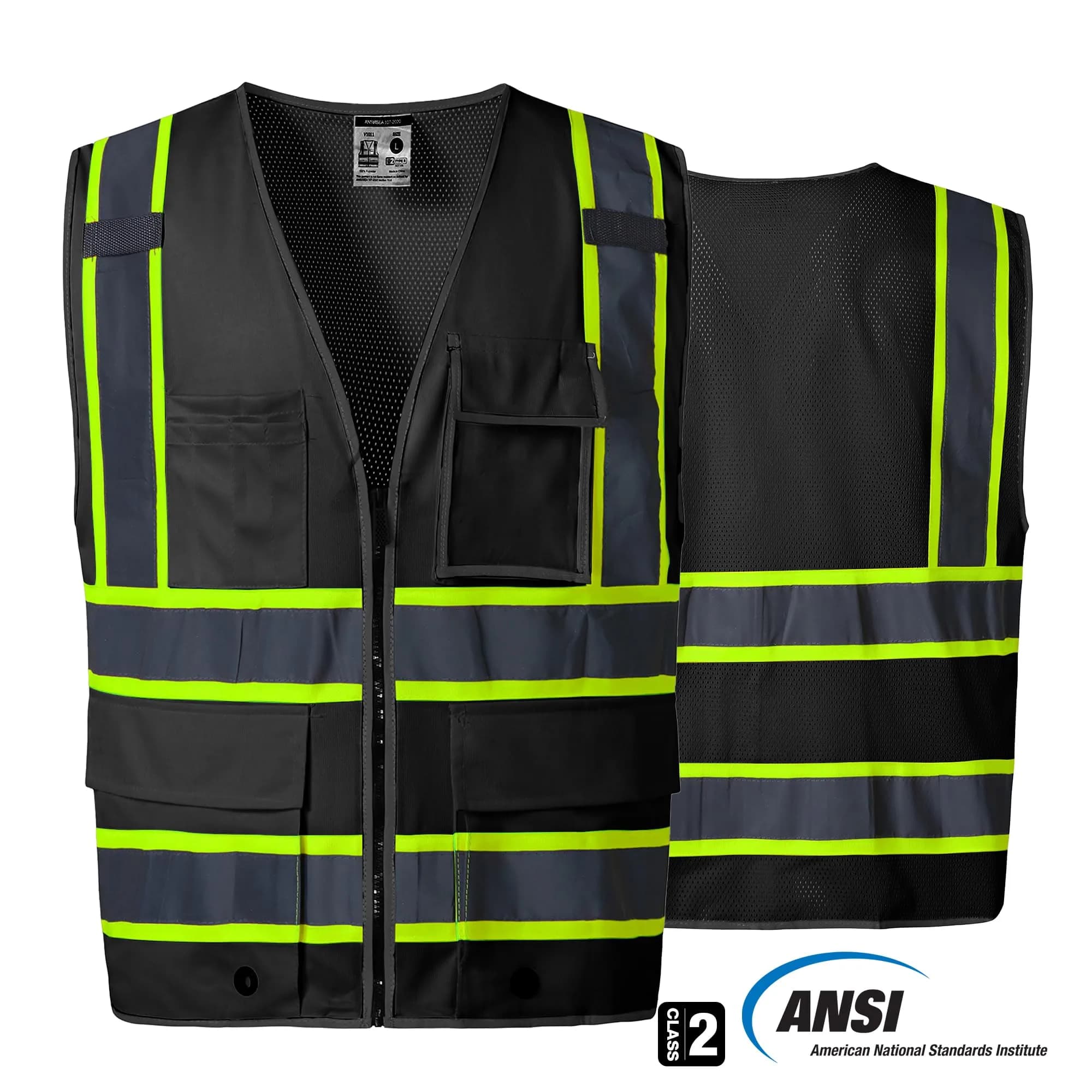 SKSAFETY Class 2 High Visibility Safety Vest with Zipper Back Mesh, 10 Pockets, Reflective Strips, ANSI/ISEA Standard, Construction Work Vest for Men & Women (Black, Medium) - view 3