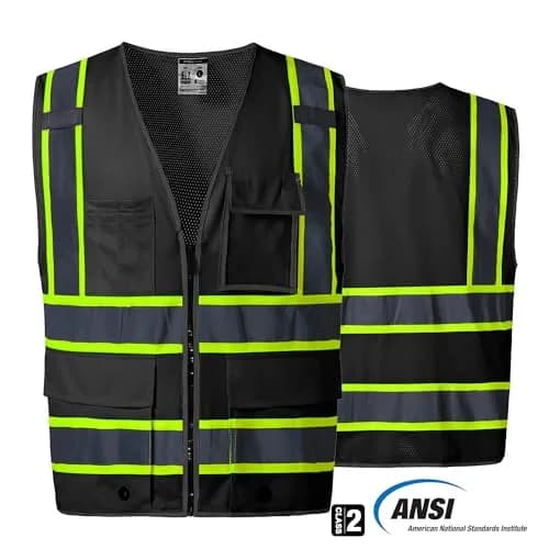 SKSAFETY Class 2 High Visibility Safety Vest with Zipper Back Mesh, 10 Pockets, Reflective Strips, ANSI/ISEA Standard, Construction Work Vest for Men & Women (Black, Medium) thumbnail 3