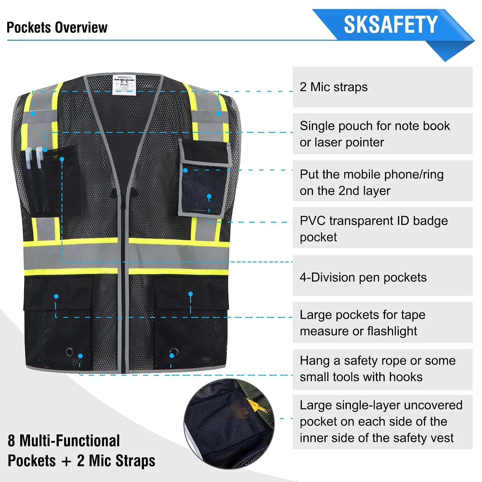 SKSAFETY Class 2 High Visibility Safety Vest with Zipper and Reflective Strips, ANSI/ISEA Standard, Black, Medium - view 6