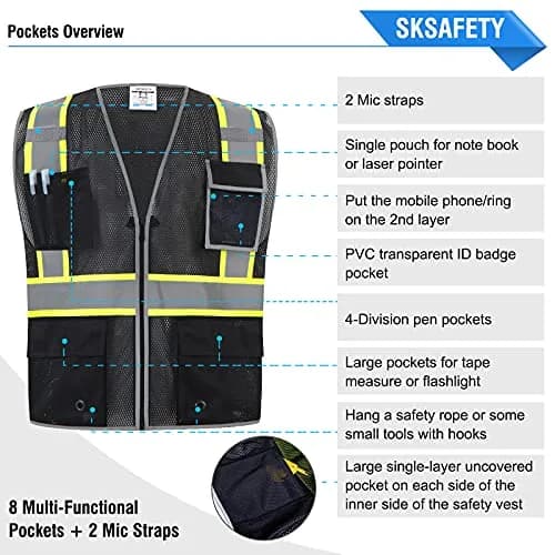 SKSAFETY Class 2 High Visibility Safety Vest with Zipper and Reflective Strips, ANSI/ISEA Standard, Black, Medium thumbnail 6