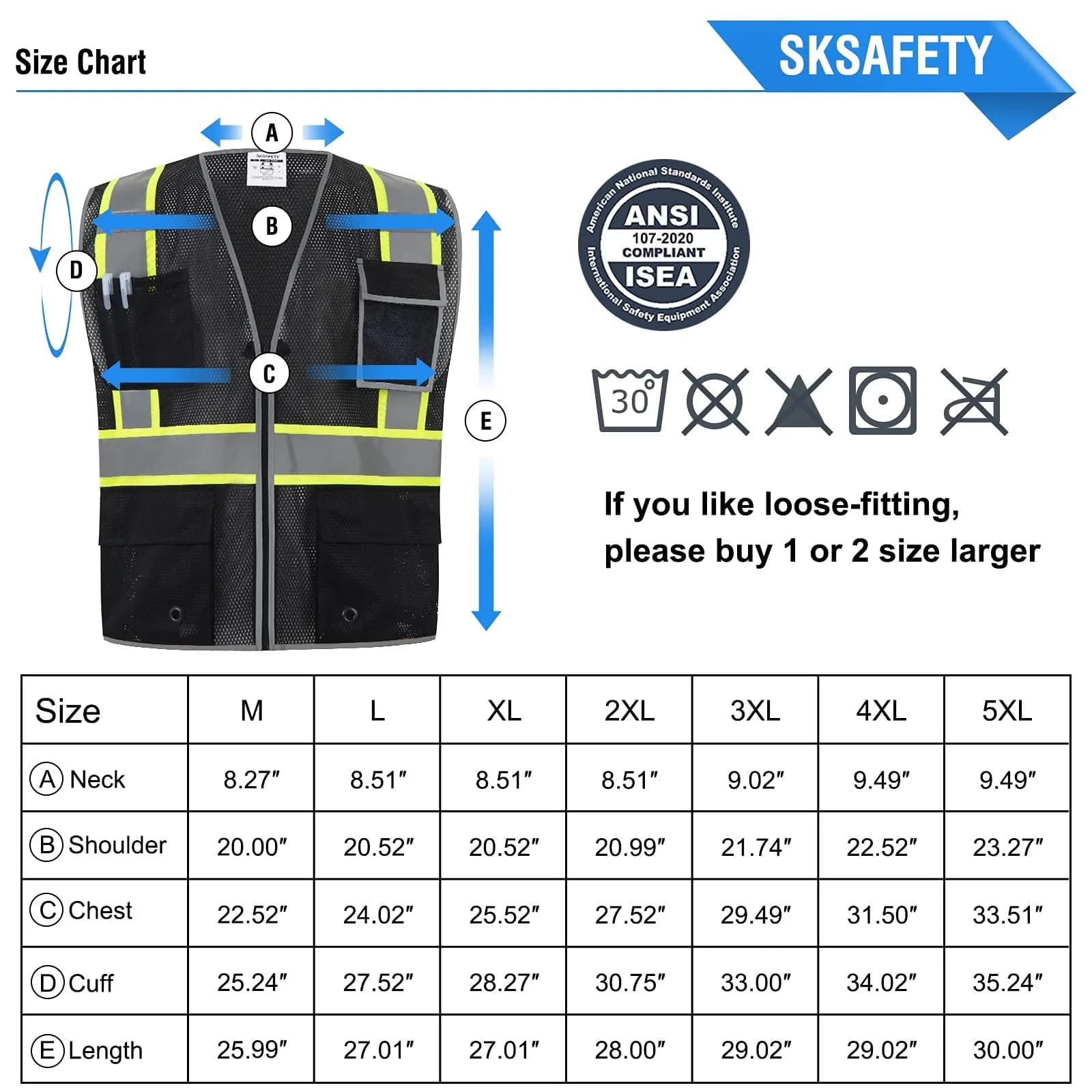 SKSAFETY Class 2 High Visibility Safety Vest with Zipper and Reflective Strips, ANSI/ISEA Standard, Black, Medium - view 7