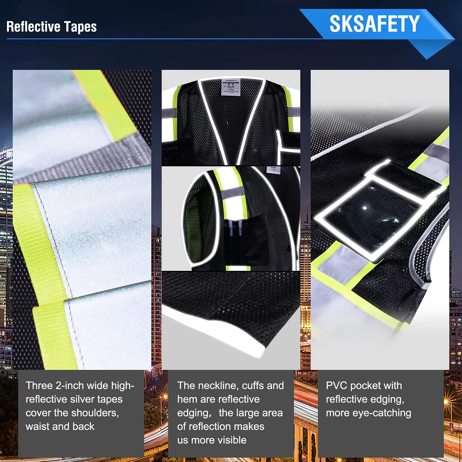 SKSAFETY Class 2 High Visibility Safety Vest with Zipper and Reflective Strips, ANSI/ISEA Standard, Black, Medium - view 4