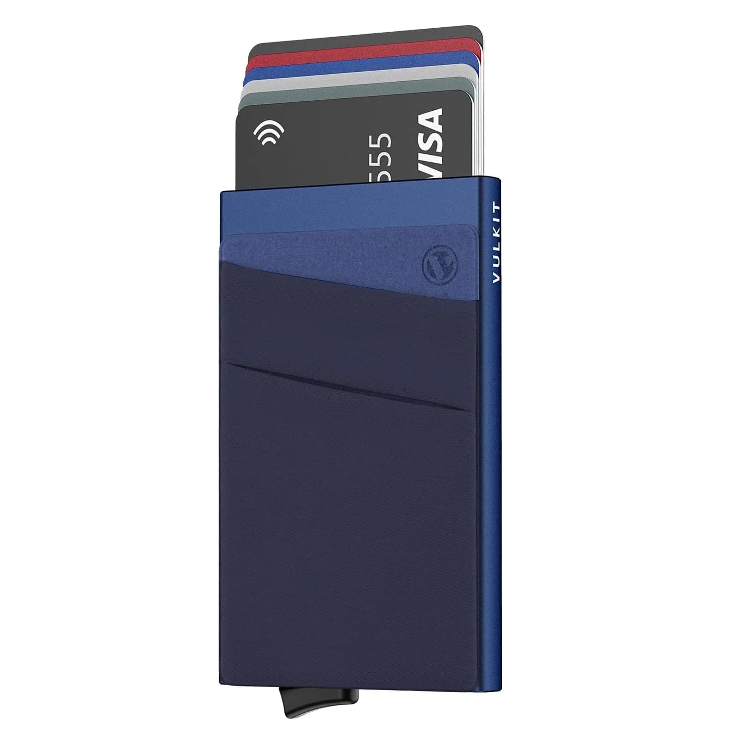 VULKIT Navy Pop Up Card Holder Wallet with Money Pocket & RFID Blocking Slim Metal Card Case