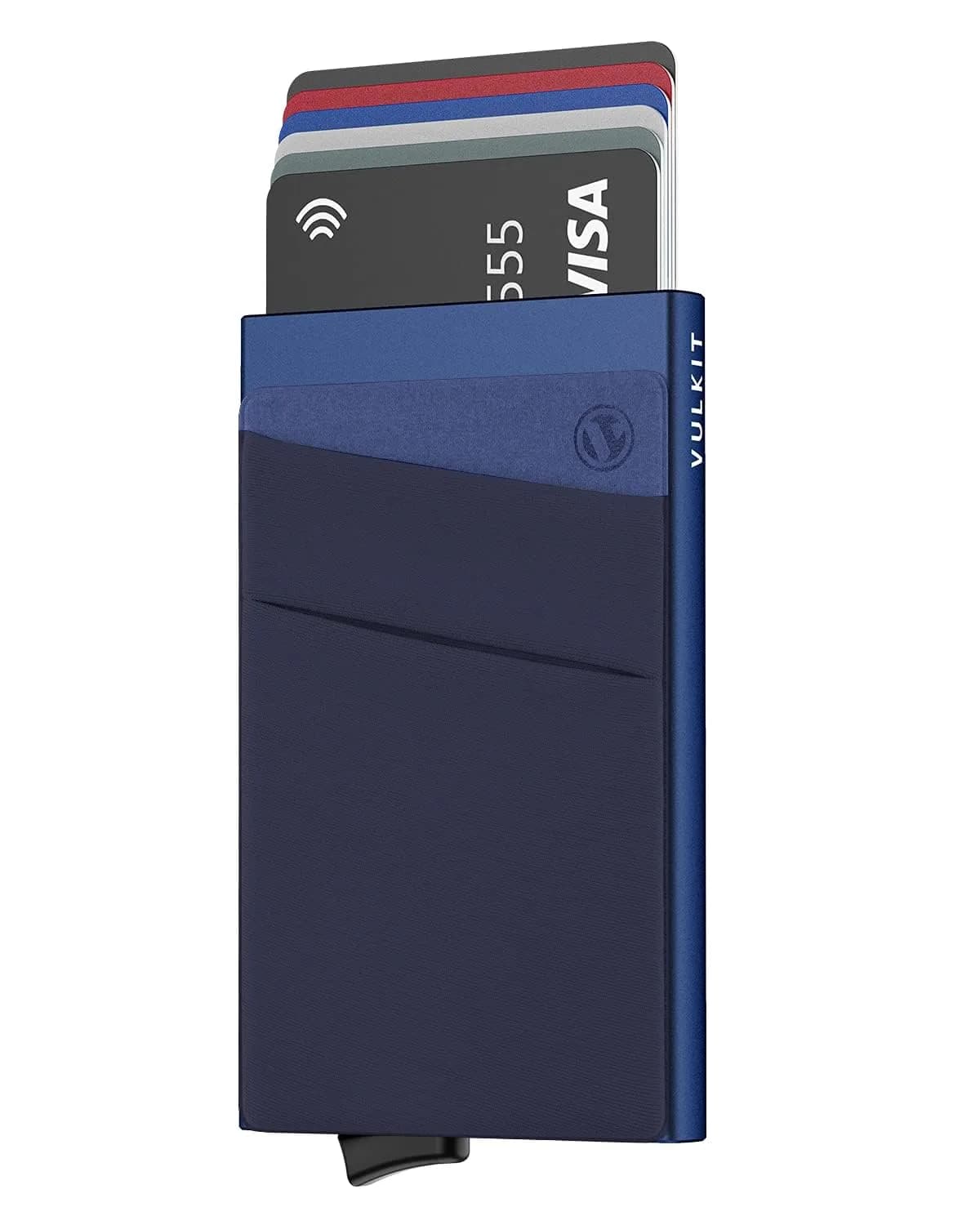 VULKIT Navy Pop Up Card Holder Wallet with Money Pocket & RFID Blocking Slim Metal Card Case - main product image