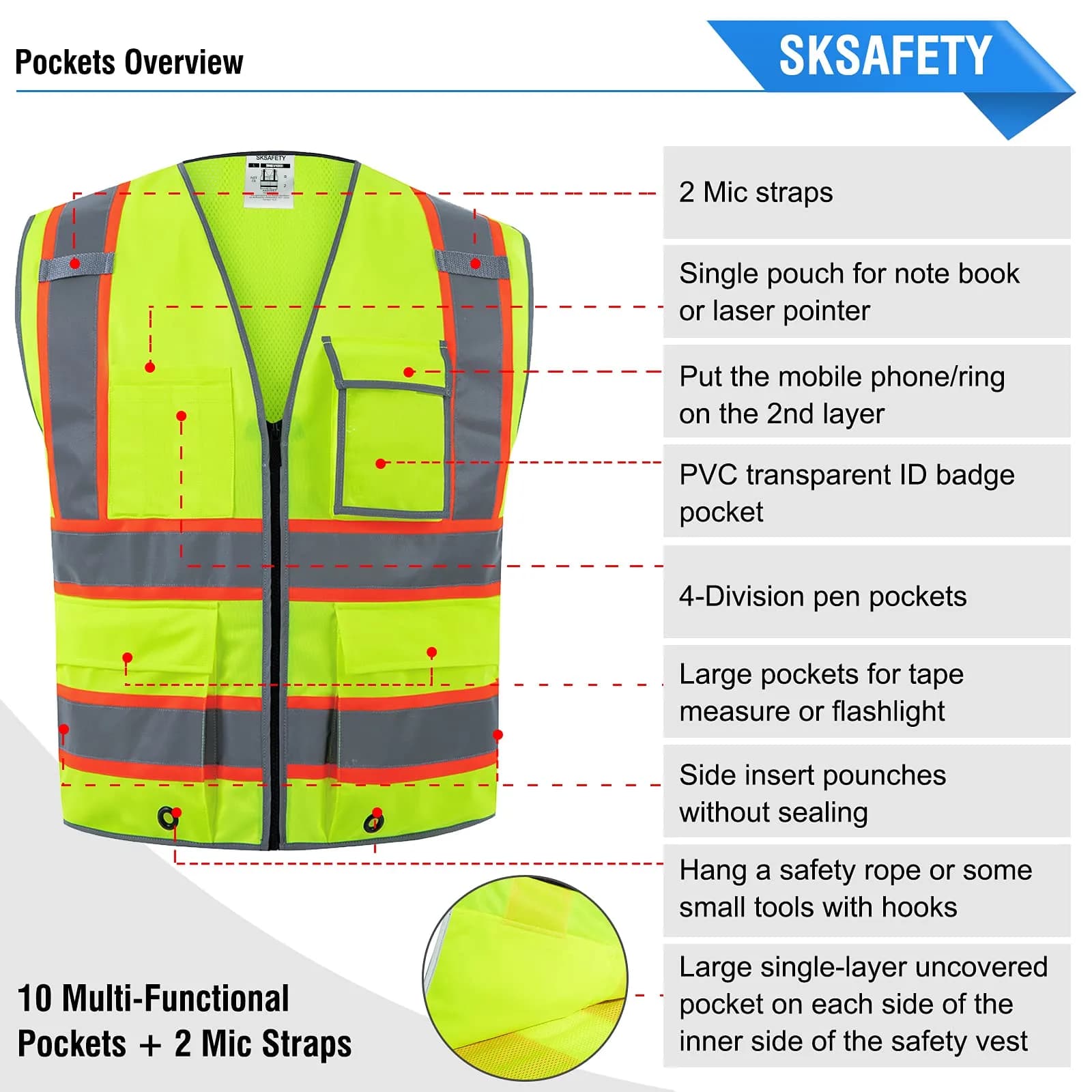 SKSAFETY High Visibility Safety Vest with Zipper, Class 2 ANSI/ISEA Standard, 5XL Lime - view 5