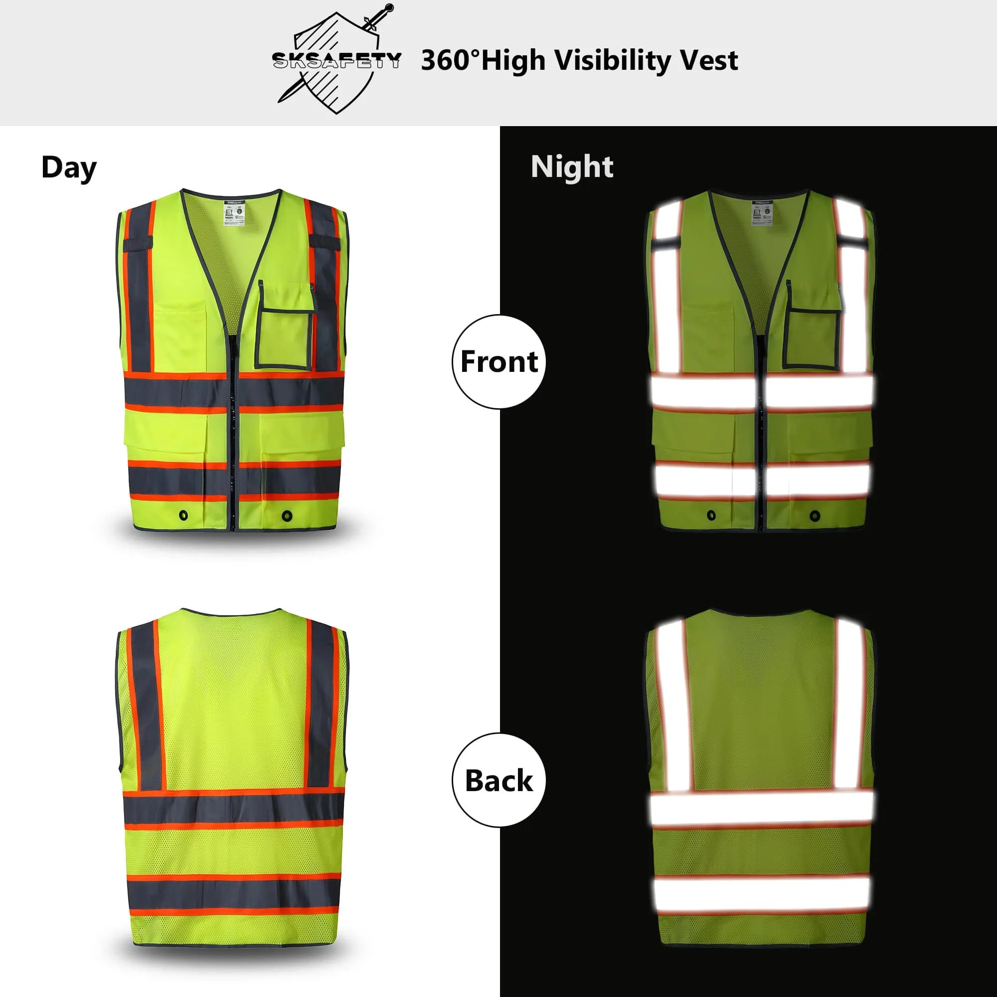 SKSAFETY High Visibility Safety Vest with Zipper, Class 2 ANSI/ISEA Standard, 5XL Lime - view 2