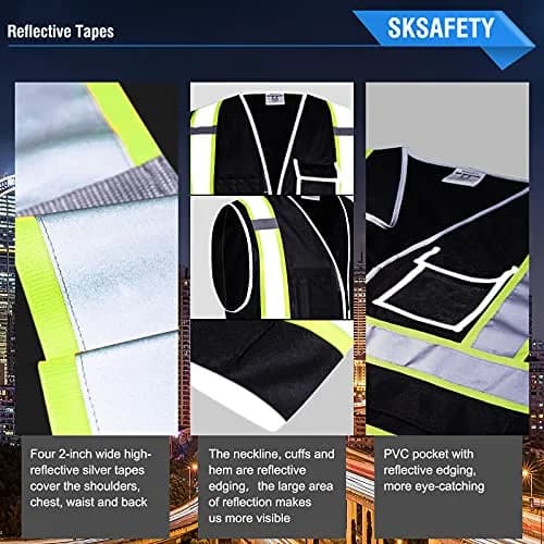 SKSAFETY Class 2 High Visibility Safety Vest with Zipper, Reflective Strips, ANSI/ISEA Standard, 10 Pockets, Black, Large (0.23 kg / 0.5 lb) thumbnail 4