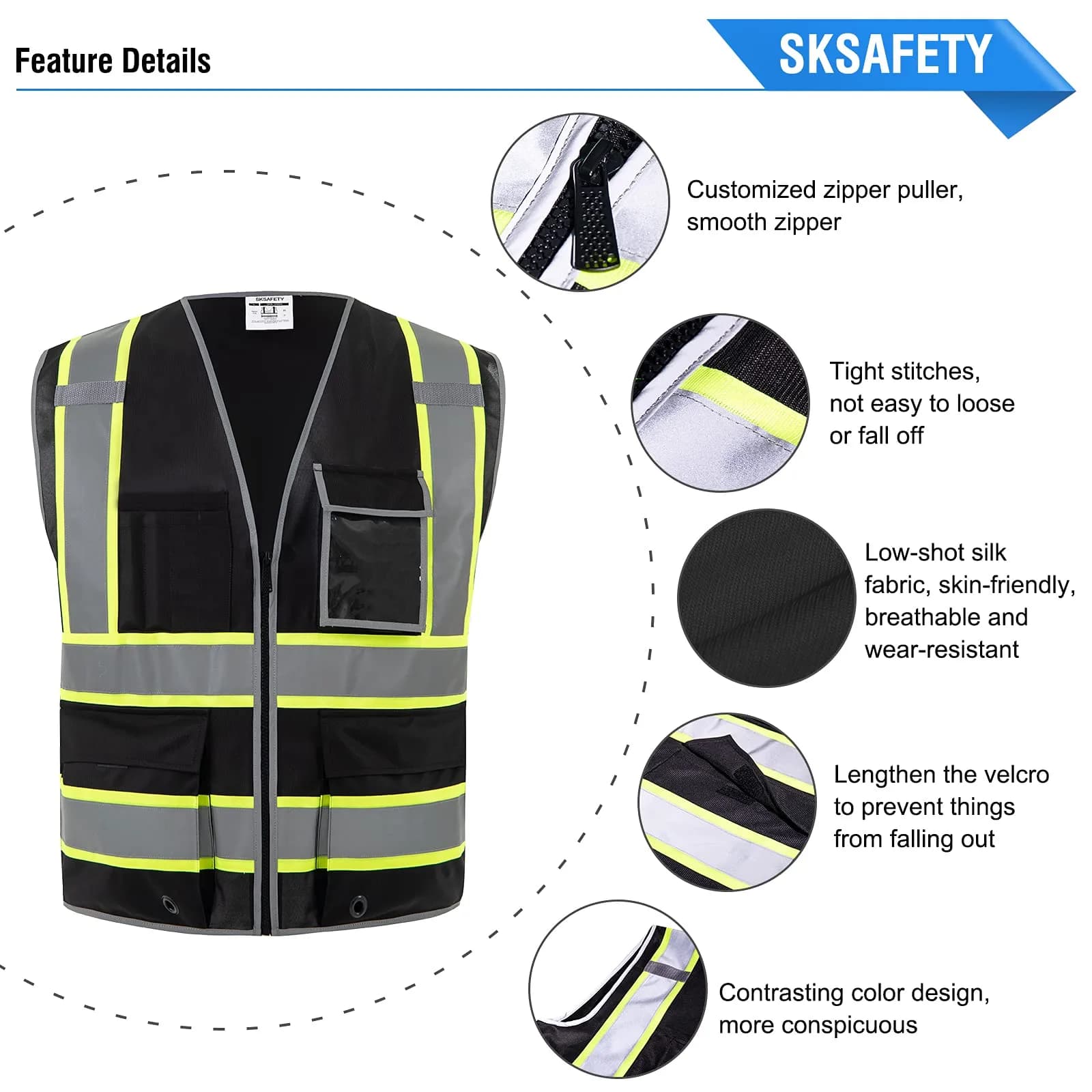 SKSAFETY Class 2 High Visibility Safety Vest with Zipper, Reflective Strips, ANSI/ISEA Standard, 10 Pockets, Black, Large (0.23 kg / 0.5 lb) - view 5